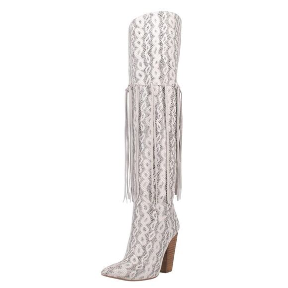 DINGO Womens Kitty Kat Fringe Cowboy Boots US 8.5M White Snake Snip Toe NIB - Picture 1 of 12